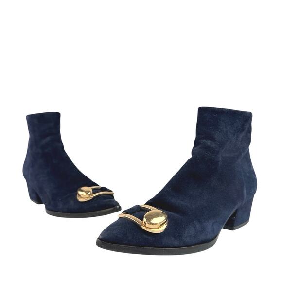 Stella Luna Blue Suede Leather Pointed Toe Gold Accent Zip Ankle Boots 37 US 6.5 - Picture 5 of 9